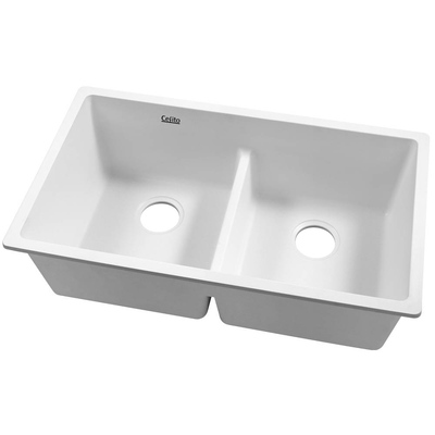 Stone Kitchen Sink 790X460MM Granite Under/Topmount Basin Double Bowl White