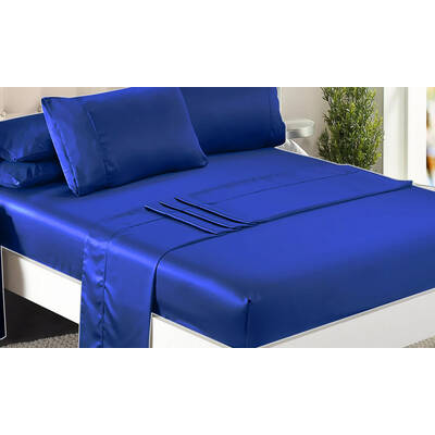 Ultra Soft Silky Satin Bed Sheet Set in Queen Size in Navy Blue Colour