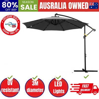 Outdoor Umbrella 3M Cantilever Beach LED Garden Shade Patio Charcoal