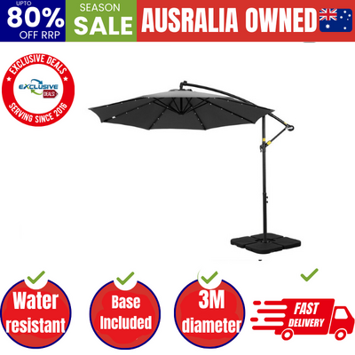 Outdoor Umbrella 3M Cantilever Beach LED Base Garden Sun Patio Charcoal