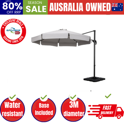 3m Outdoor Umbrella w/Base Cantilever Beach Roma 360 Degree Tilt Grey