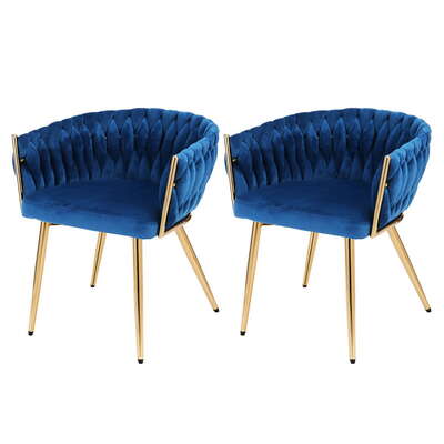 1 Set Of 2 Dining Chairs Velvet Weaving Armchair Blue