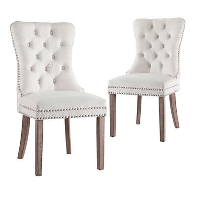 1 Set of 2 Dining Chairs Beige Velvet