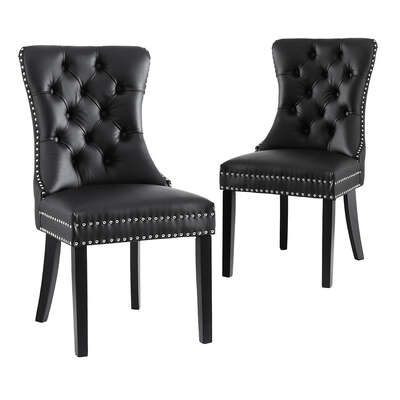 1 Set of 2 Dining Chairs Black Leather