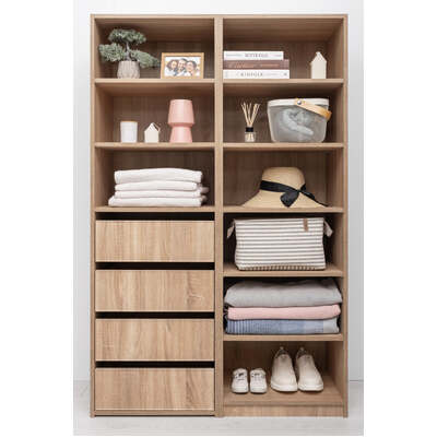 Three Shelf/Four Drawer Built In Wardrobe - Slim Shaker - Natural Oak