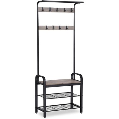 Greige And Black Steel Coat Rack With Bench And Shoe Rack, 183 Cm Height