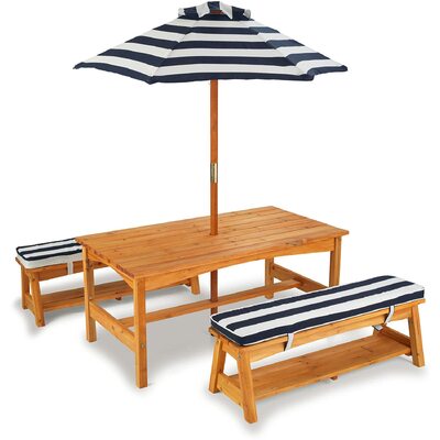 Outdoor Table & Bench Set With Cushions & Umbrella (Navy)