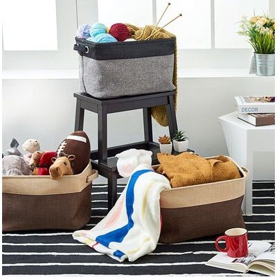 3x Collapsible Large Cube Fabric Storage Bins Baskets For Laundry - Black And Gr