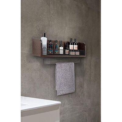 Wall Mount Rustic Wood & Black Metal Bathroom Shelf with Towel Bar