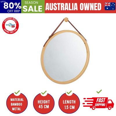 Hanging Round Wall Mirror 45 Cm - Solid Bamboo Frame