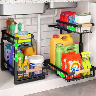 2-Tier Kitchen Under Sink Organiser Storage With Height Adjustable, Unique Slide Rail & Suction Cups For Storage