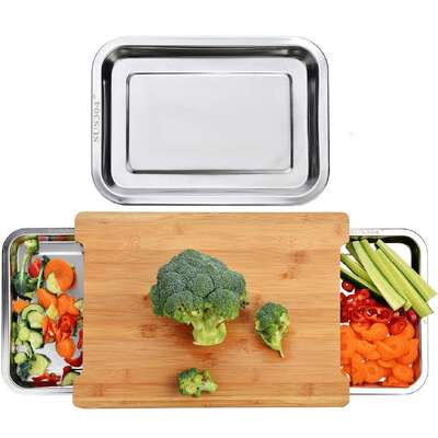 Chopping Board With With 2 Organiser Stainless Steel Trays Containers