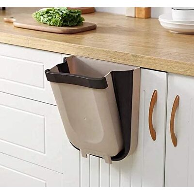 Hanging Trash Can Collapsible Small Bin For Kitchen Cabinet Door (Beige)