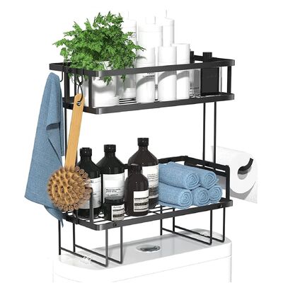 2 Tier Freestanding Bathroom Storage Organizer with Adhesive Base and Hooks for 