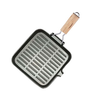 28Cm Ribbed Cast Iron Square Steak Frying Grill Skillet Pan With Folding Wooden Handle