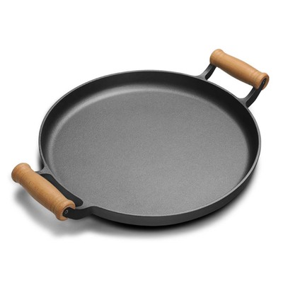 35Cm Cast Iron Frying Pan Skillet Steak Sizzle Fry Platter With Wooden Handle No Lid