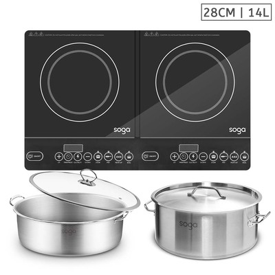 Dual Burners Cooktop Stove, 14L Stainless Steel Stockpot And 28Cm Induction Casserole