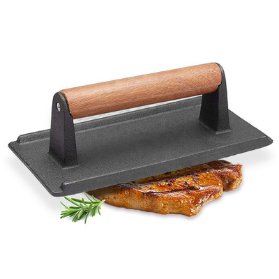 Cast Iron Bacon Meat Steak Press Grill Bbq With Wood Handle Weight Plate