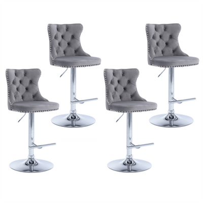 Height Adjustable Swivel Bar Stool with Velvet Studs and Footrest - Grey