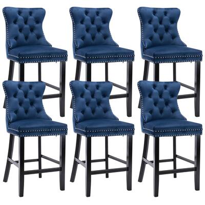 6X Velvet Bar Stools With Studs Trim Wooden Legs Tufted Dining Chairs Kitchen