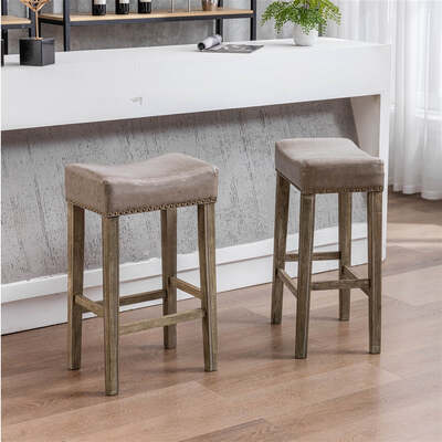 2X Wooden Legs Saddle Bar Stools Leather Padded Counter Chairs With Studs 74.5Cm Height Grey