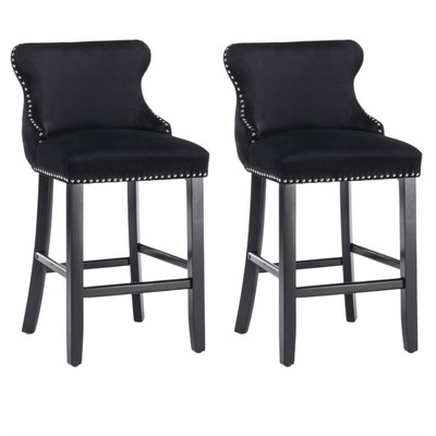 2X Velvet Upholstered Button Tufted Bar Stools With Wood Legs And Studs-Black