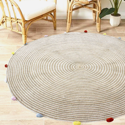 Round Woven Jute Cotton Multicolour Pompom Rug 120 Cm