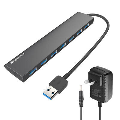 Simplecom CH371 Ultra Slim Aluminium 7 Port USB 3.0 Hub for PC Mac Laptop With Power Supply Black