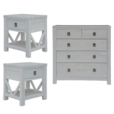 3Pc Set 2 Bedside Tallboy Storage Cabinet Side End Table White Wash