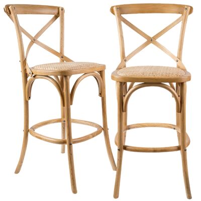 2Pc Crossback Bar Stools Dining Chair Solid Birch Timber Rattan - Oak