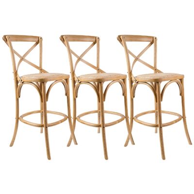 3Pc Crossback Bar Stools Dining Chair Solid Birch Timber Rattan - Oak