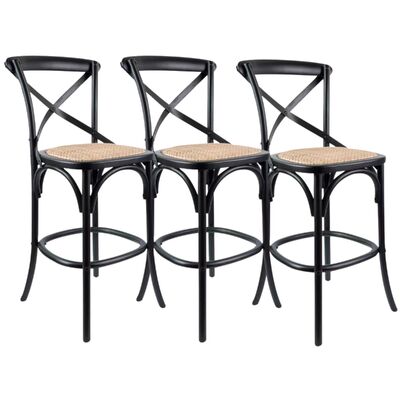 3Pc Crossback Bar Stools Dining Chair Solid Birch Timber Rattan Black