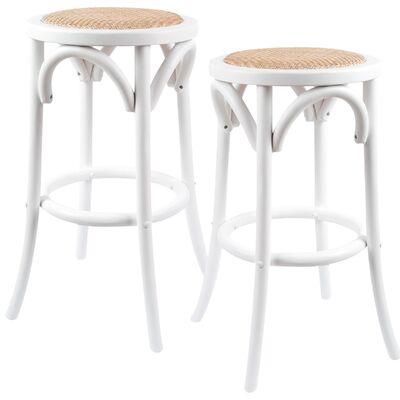 2Pc Round Bar Stools Dining Stool Chair Solid Birch Wood Rattan White