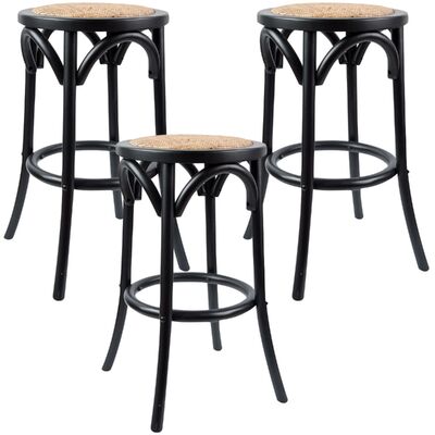 3Pc Round Bar Stools Dining Stool Chair Solid Birch Wood Rattan Black