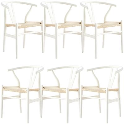 Set Of 6 Wishbone Dining Chair Beech Timber Replica Hans Wenger - White