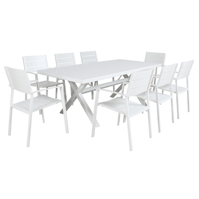 9Pc 200Cm Outdoor Trestle Dining Table Chair Set Aluminium Frame White