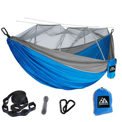 Camping Hammock with Mosquito Net - Blue and Grey