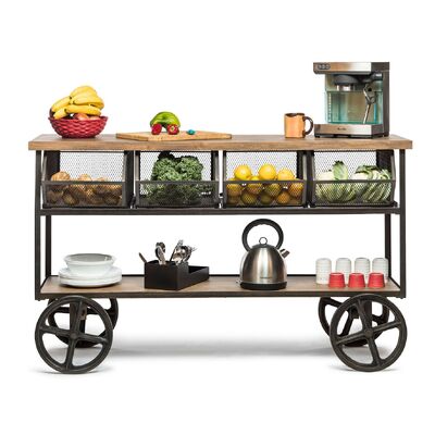 Wooden Kitchen Island Trolley Cart On Wheels With Drawers And 3 Level Storage