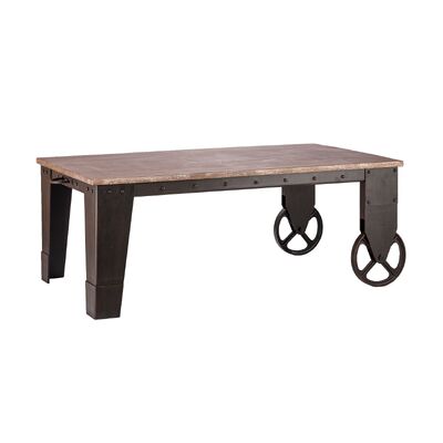 Industrial Style Wood Coffee Table on Wheels