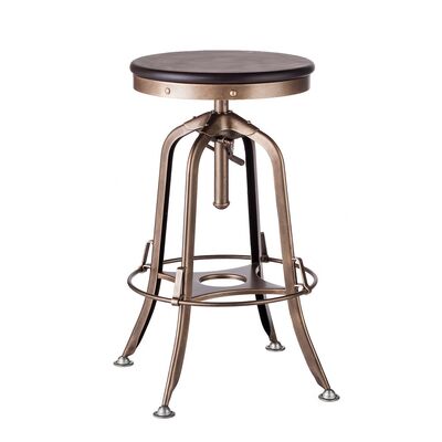 Industrial Height Adjustable Swivel Bar Stool - Wooden, French Brass