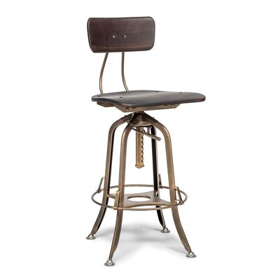 Industrial Swivel Bar Stool Chair - Wooden, Back, Dark French Brass