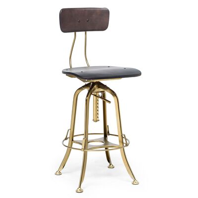 Industrial Swivel Bar Stool Chair - Wooden, Back, Black Gold