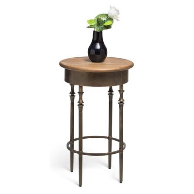 Wooden Round Side Table With Finial Legs In Dark French Brass Finish