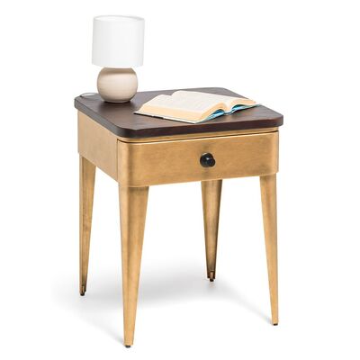 Bedside Table In Brass Finish With Storage Drawer And Wood Top