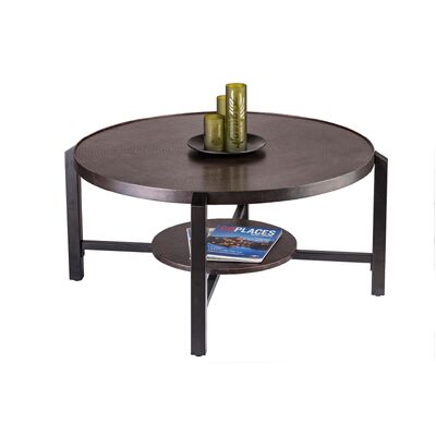 Black Round Coffee Table With Storage Shelf In Copper Finish Top