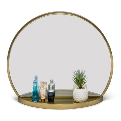 Round Table Wall Mirror With Shelf Storage In Brass Finish