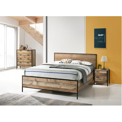 4 Pcs Bedroom Suite with Particle Board Contraction and Metal Legs Queen Size Oak Colour Bed, Bedside Table & Tallboy