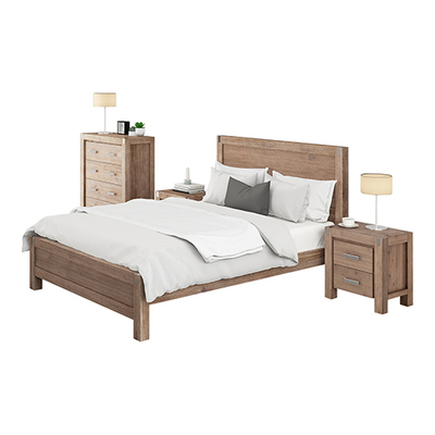 4 Pcs Bedroom Suite in Solid Wood Acacia Timber Slat Queen Oak Colour Bed, Bedside Table & Tallboy