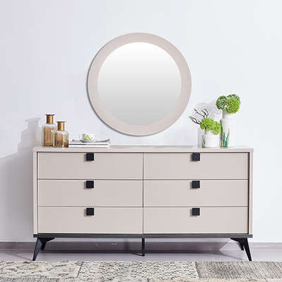 Dressing Chest With 6 Storage Drawers Mdf Mirror Combination Of Champagne And Black Colour