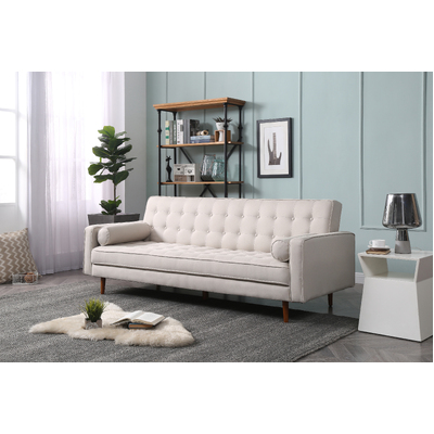 Beige Fabric 3-Seater Button-Tufted Sofa Bed